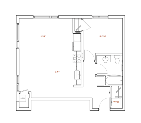 Floor plan for 1 bed, 1 bath, 725 sqft